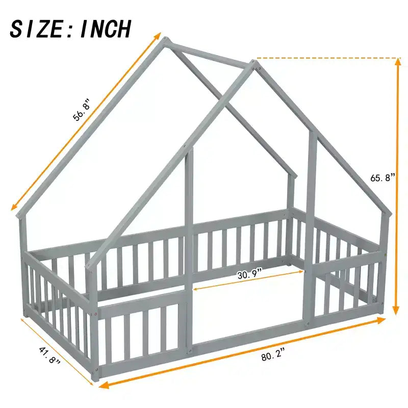 Lit de sol de style maison avec barrières de sécurité, jumeau, gris/naturel/blanc, pour 1 enfant