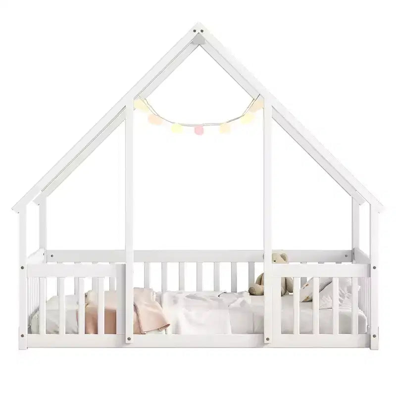 Lit de sol de style maison avec barrières de sécurité, jumeau, gris/naturel/blanc, pour 1 enfant