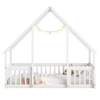Lit de sol de style maison avec barrières de sécurité, jumeau, gris/naturel/blanc, pour 1 enfant
