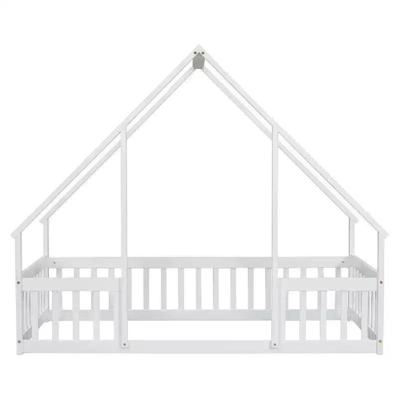 Lit de sol de style maison avec barrières de sécurité, jumeau, gris/naturel/blanc, pour 1 enfant