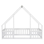 Lit de sol de style maison avec barrières de sécurité, jumeau, gris/naturel/blanc, pour 1 enfant