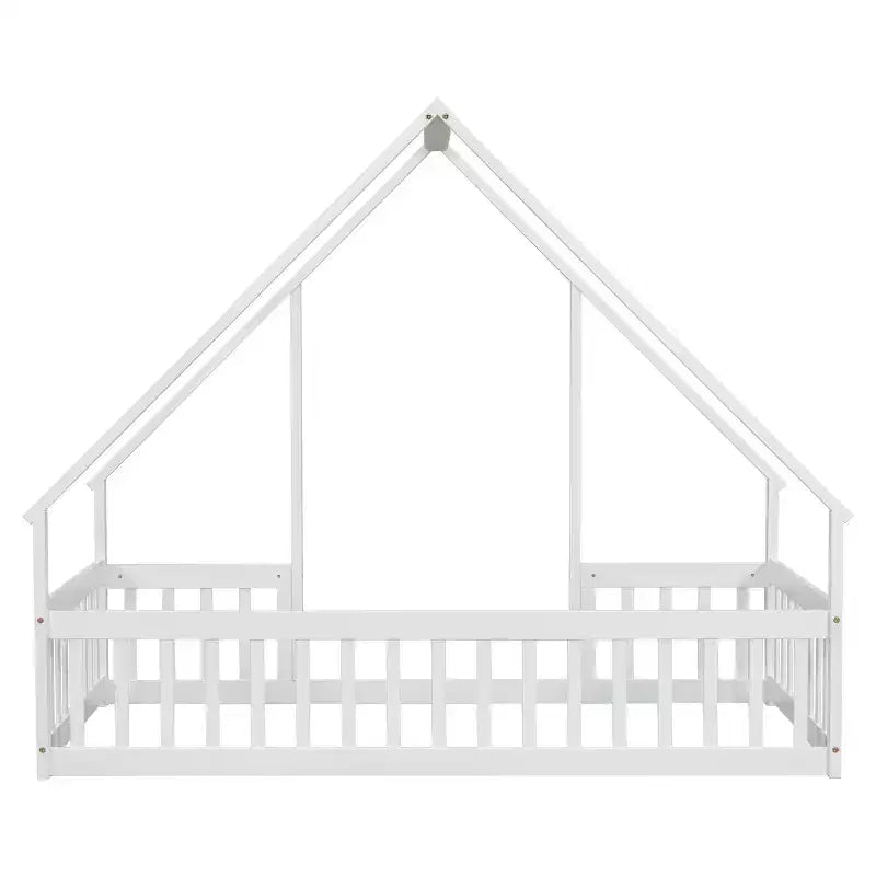 Lit de sol de style maison avec barrières de sécurité, jumeau, gris/naturel/blanc, pour 1 enfant