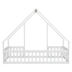 Lit de sol de style maison avec barrières de sécurité, jumeau, gris/naturel/blanc, pour 1 enfant