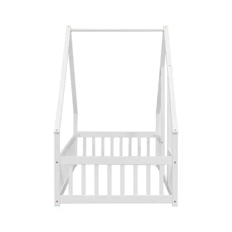 Lit de sol de style maison avec barrières de sécurité, jumeau, gris/naturel/blanc, pour 1 enfant