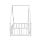 Lit de sol de style maison avec barrières de sécurité, jumeau, gris/naturel/blanc, pour 1 enfant
