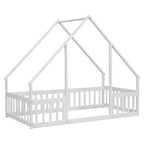 Lit de sol de style maison avec barrières de sécurité, jumeau, gris/naturel/blanc, pour 1 enfant