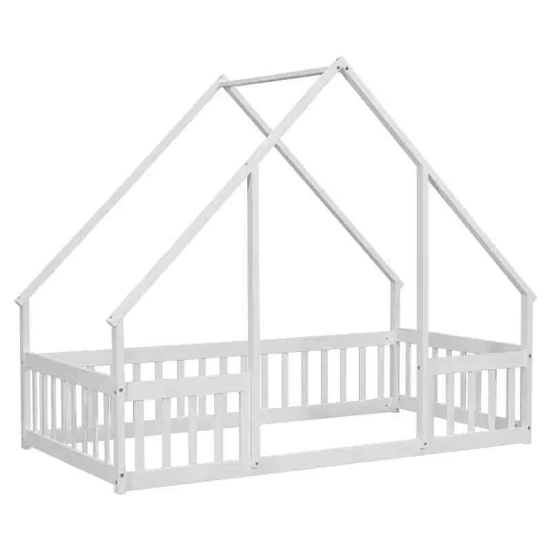 Lit de sol de style maison avec barrières de sécurité, jumeau, gris/naturel/blanc, pour 1 enfant