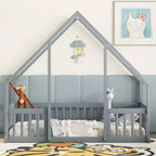 Lit de sol de style maison avec barrières de sécurité, jumeau, gris/naturel/blanc, pour 1 enfant
