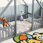 Lit de sol de style maison avec barrières de sécurité, jumeau, gris/naturel/blanc, pour 1 enfant