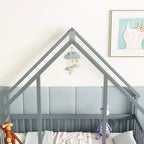 Lit de sol de style maison avec barrières de sécurité, jumeau, gris/naturel/blanc, pour 1 enfant
