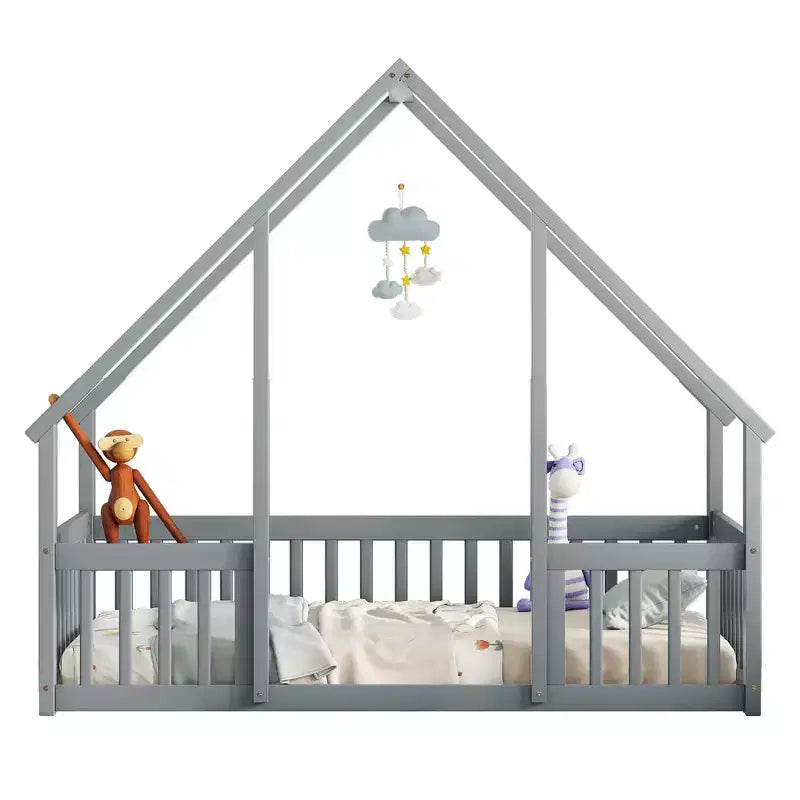 Lit de sol de style maison avec barrières de sécurité, jumeau, gris/naturel/blanc, pour 1 enfant