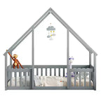 Lit de sol de style maison avec barrières de sécurité, jumeau, gris/naturel/blanc, pour 1 enfant