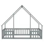 Lit de sol de style maison avec barrières de sécurité, jumeau, gris/naturel/blanc, pour 1 enfant