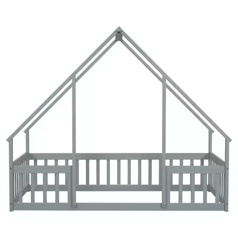 Lit de sol de style maison avec barrières de sécurité, jumeau, gris/naturel/blanc, pour 1 enfant