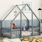 Twin/Full Size House Bed with Fence for Kids, Wood Floor Bed with Guardrails for Bedroom