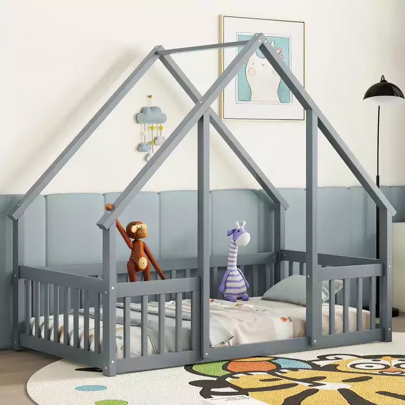 Twin/Full Size House Bed with Fence for Kids, Wood Floor Bed with Guardrails for Bedroom