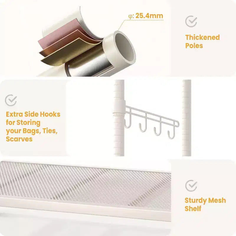 Portant à vêtements gris roulant avec crochets latéraux et étagère en filet, capacité de 315 kg