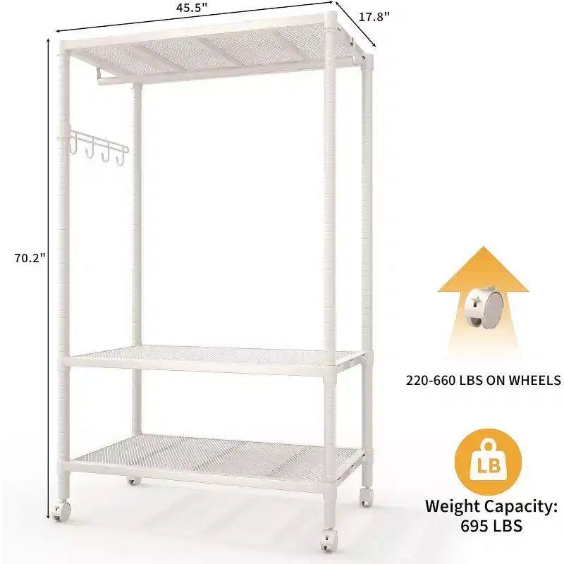 Portant à vêtements gris roulant avec crochets latéraux et étagère en filet, capacité de 315 kg