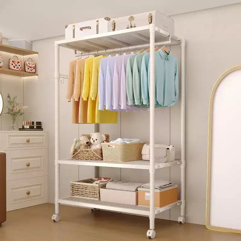 Portant à vêtements gris roulant avec crochets latéraux et étagère en filet, capacité de 315 kg