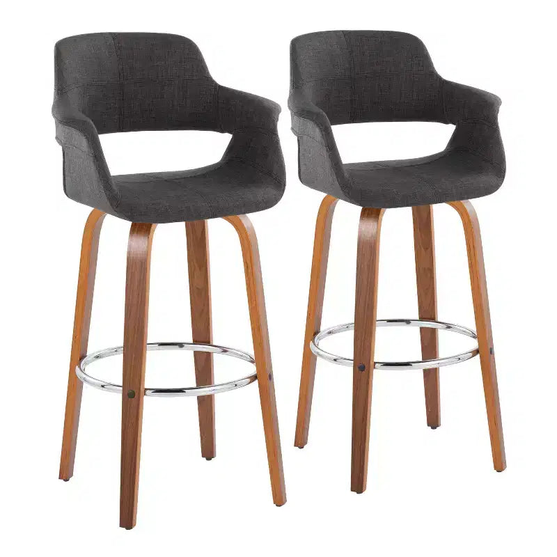 Set of 2 Vintage Flair Barstools Walnut/Chrome/Charcoal - LumiSource: Fixed-Height, Upholstered, Wood Frame
