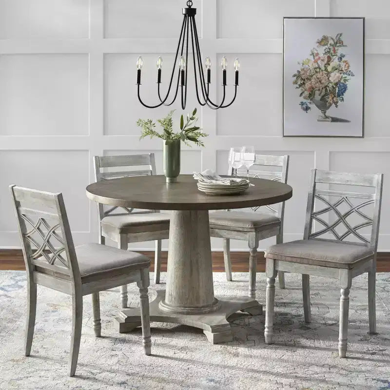 Ensemble de salle à manger rond sur pied, Noyer/Blanc vintage, 4 places