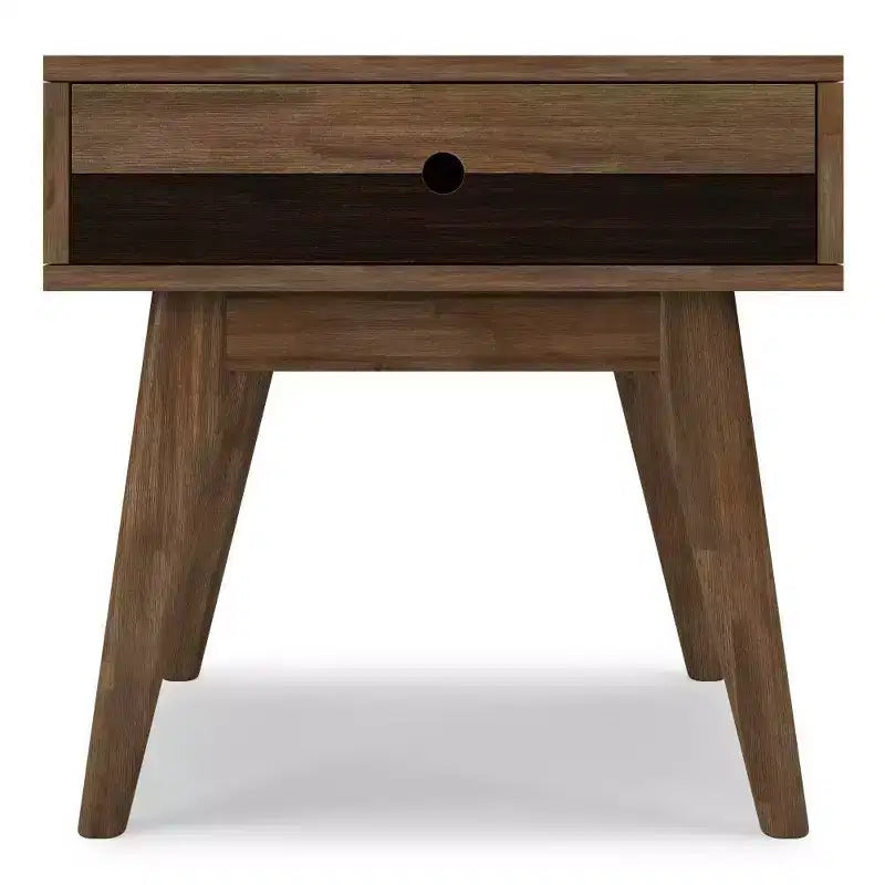 Table d'appoint carrée marron avec tiroir – Style Mid-Century, Bois d'acacia massif
