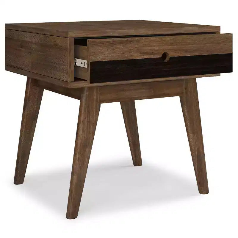 Table d'appoint carrée marron avec tiroir – Style Mid-Century, Bois d'acacia massif