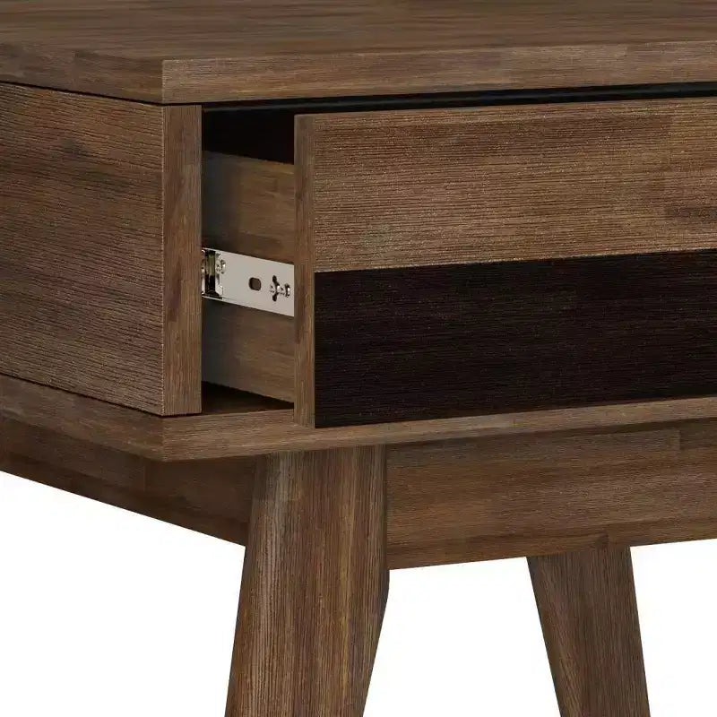 Table d'appoint carrée marron avec tiroir – Style Mid-Century, Bois d'acacia massif