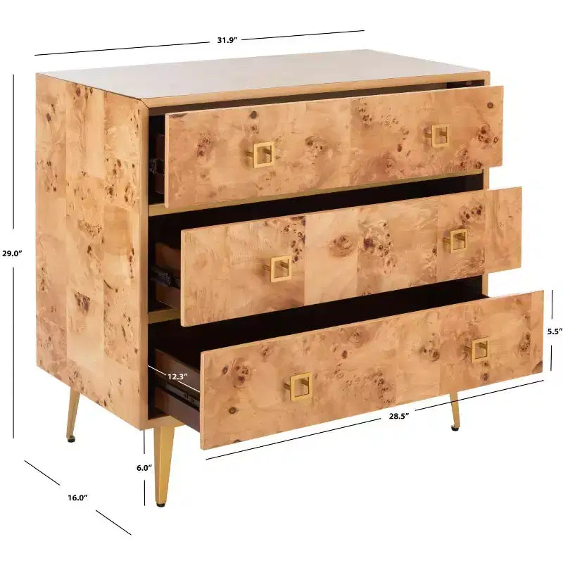 Commode 3 tiroirs Naturel/Noyer/Noyer foncé/Blanc délavé et doré