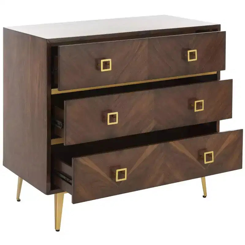 Commode 3 tiroirs Naturel/Noyer/Noyer foncé/Blanc délavé et doré
