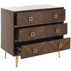 Commode 3 tiroirs Naturel/Noyer/Noyer foncé/Blanc délavé et doré