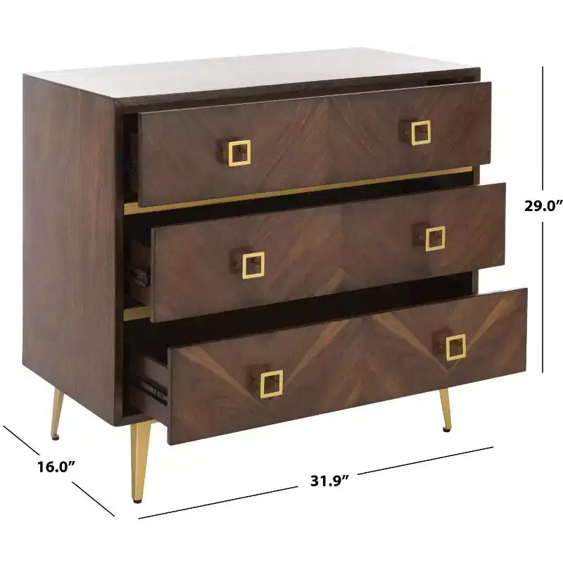 Commode 3 tiroirs Naturel/Noyer/Noyer foncé/Blanc délavé et doré