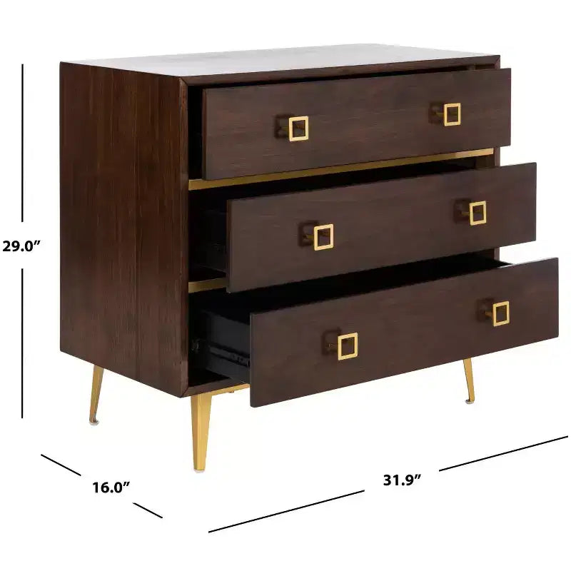 Commode 3 tiroirs Naturel/Noyer/Noyer foncé/Blanc délavé et doré