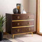 Commode 3 tiroirs Naturel/Noyer/Noyer foncé/Blanc délavé et doré