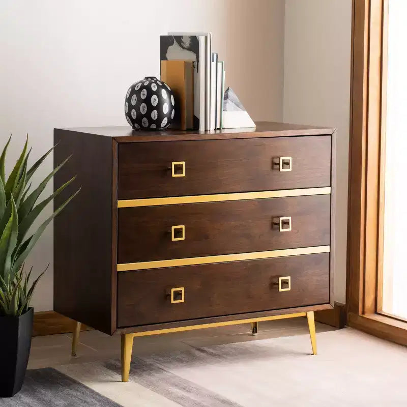 Commode 3 tiroirs Naturel/Noyer/Noyer foncé/Blanc délavé et doré