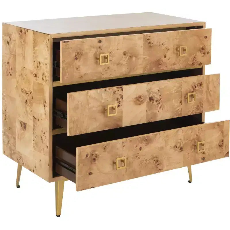 Commode 3 tiroirs Naturel/Noyer/Noyer foncé/Blanc délavé et doré
