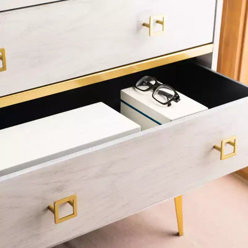 Commode 3 tiroirs Naturel/Noyer/Noyer foncé/Blanc délavé et doré