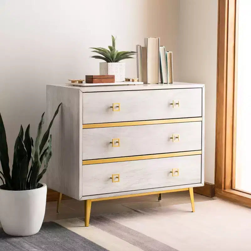 Commode 3 tiroirs Naturel/Noyer/Noyer foncé/Blanc délavé et doré