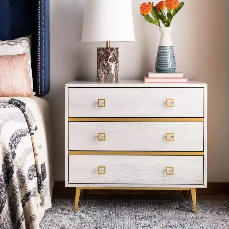 Commode 3 tiroirs Naturel/Noyer/Noyer foncé/Blanc délavé et doré
