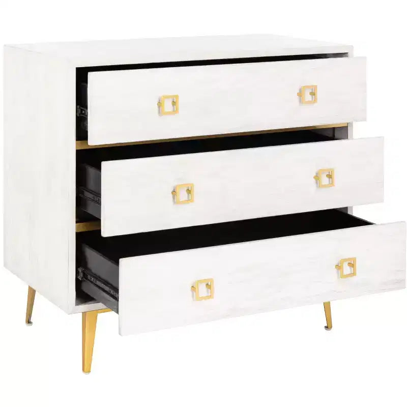 Commode 3 tiroirs Naturel/Noyer/Noyer foncé/Blanc délavé et doré