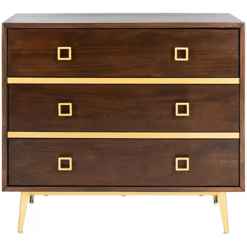 Commode 3 tiroirs Naturel/Noyer/Noyer foncé/Blanc délavé et doré