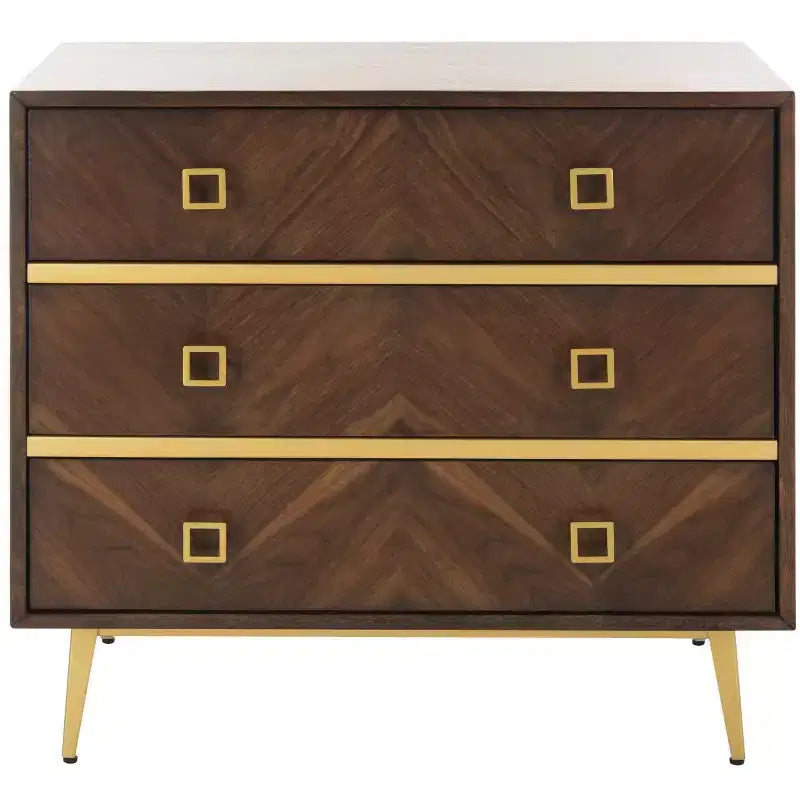 Commode 3 tiroirs Naturel/Noyer/Noyer foncé/Blanc délavé et doré