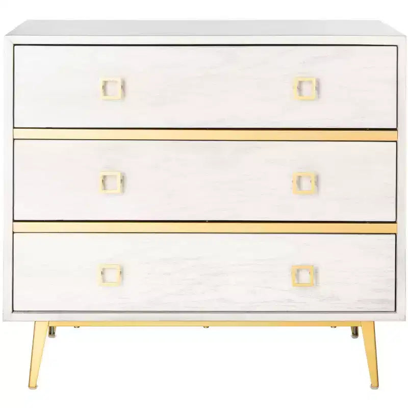 Commode 3 tiroirs Naturel/Noyer/Noyer foncé/Blanc délavé et doré