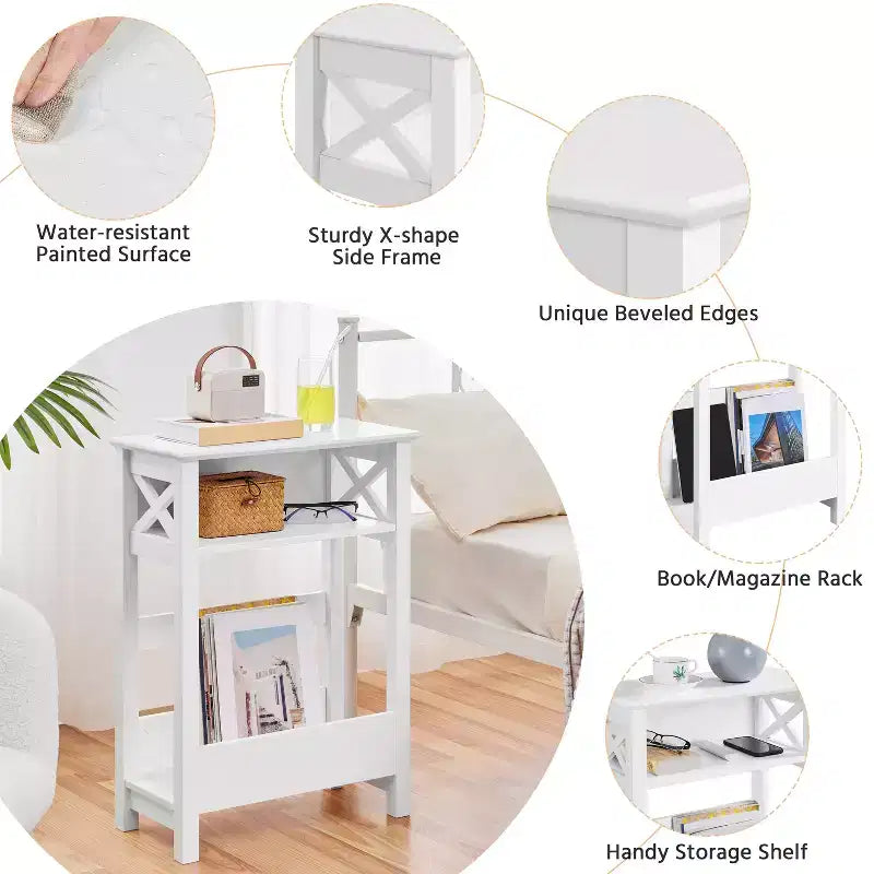 Table d'appoint étroite blanche à 3 niveaux avec étagères de rangement, 1 pièce