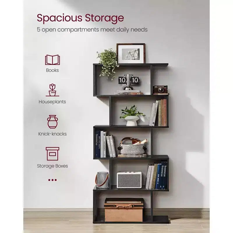Étagère autoportante à 5 niveaux (noir ébène/grège/marron rustique/blanc), assemblage par 1 personne