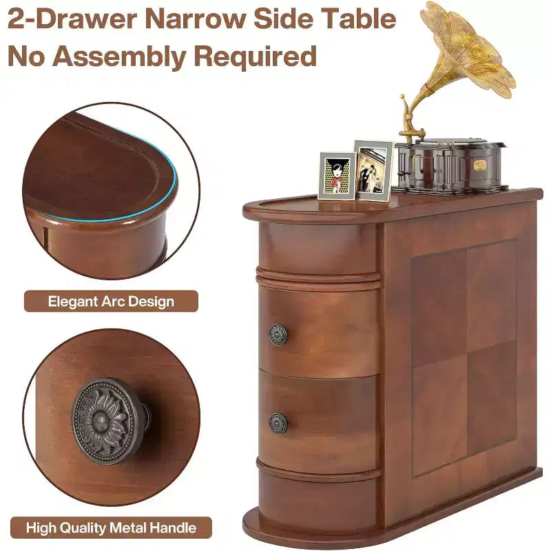 Table d'appoint de canapé en bois marron mince avec 2 tiroirs, 1-2 personnes