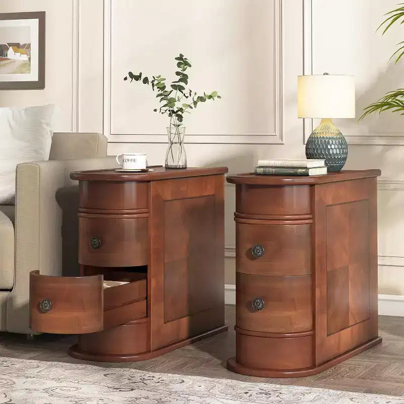 Table d'appoint de canapé en bois marron mince avec 2 tiroirs, 1-2 personnes
