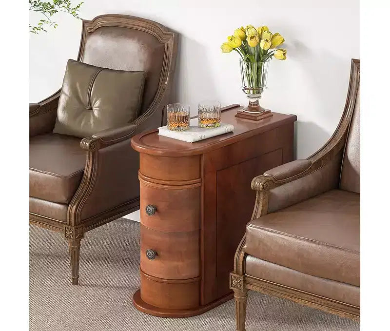 Table d'appoint de canapé en bois marron mince avec 2 tiroirs, 1-2 personnes