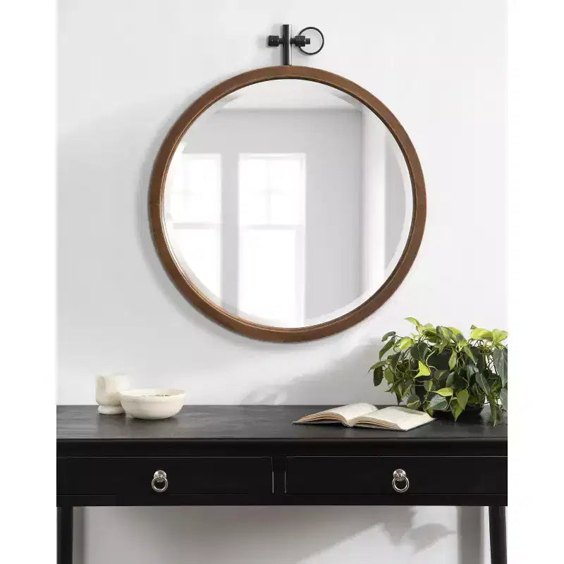 Miroir mural rond en bois noyer, 61 cm de diamètre, 1 personne
