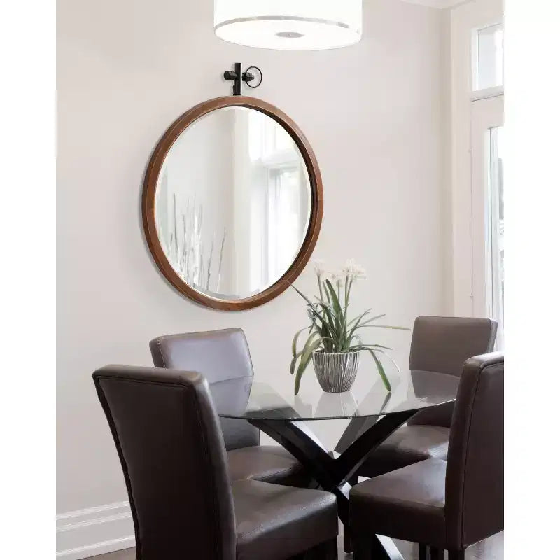 Miroir mural rond en bois noyer, 61 cm de diamètre, 1 personne